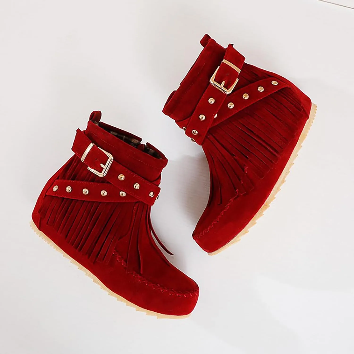 Women'S Suede Tassel Booties,Flat Moccasin Boots,Winter Warm Hidden Inner Heightening Fashion Western Outdoor Short Boots With Side Zipper