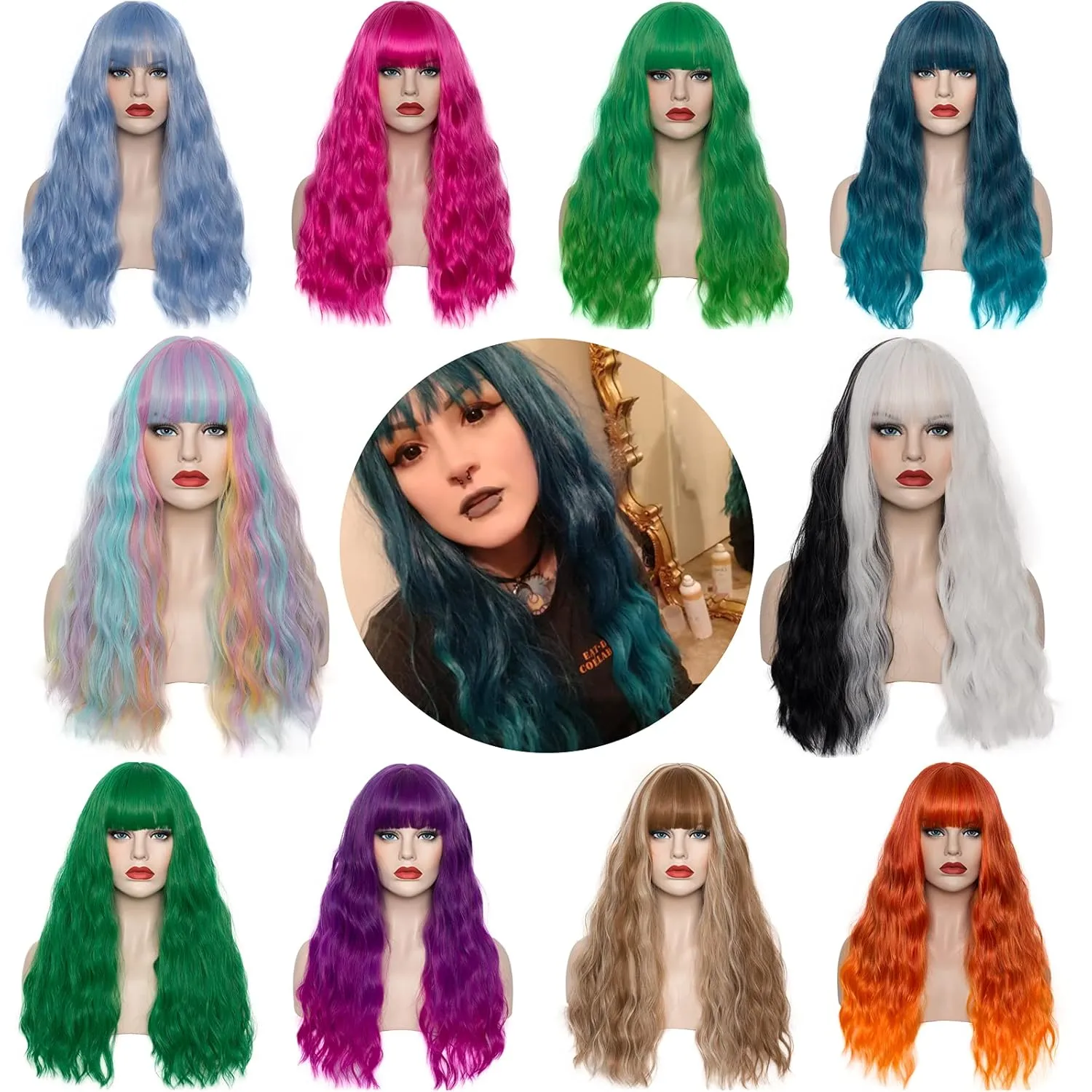 Women's Taro Purple Wig 22''Long Curly Wavy Wig Shoulder Length Flat Bangs Wig For Women Girl Cosplay Party Halloween Wig Cap Included (22''Taro Purple)