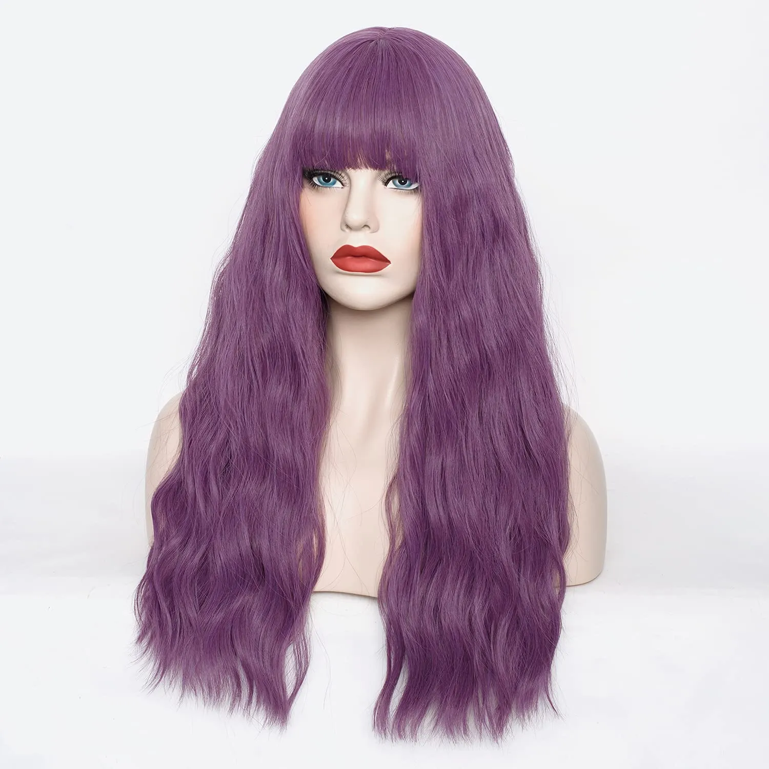 Women's Taro Purple Wig 22''Long Curly Wavy Wig Shoulder Length Flat Bangs Wig For Women Girl Cosplay Party Halloween Wig Cap Included (22''Taro Purple)
