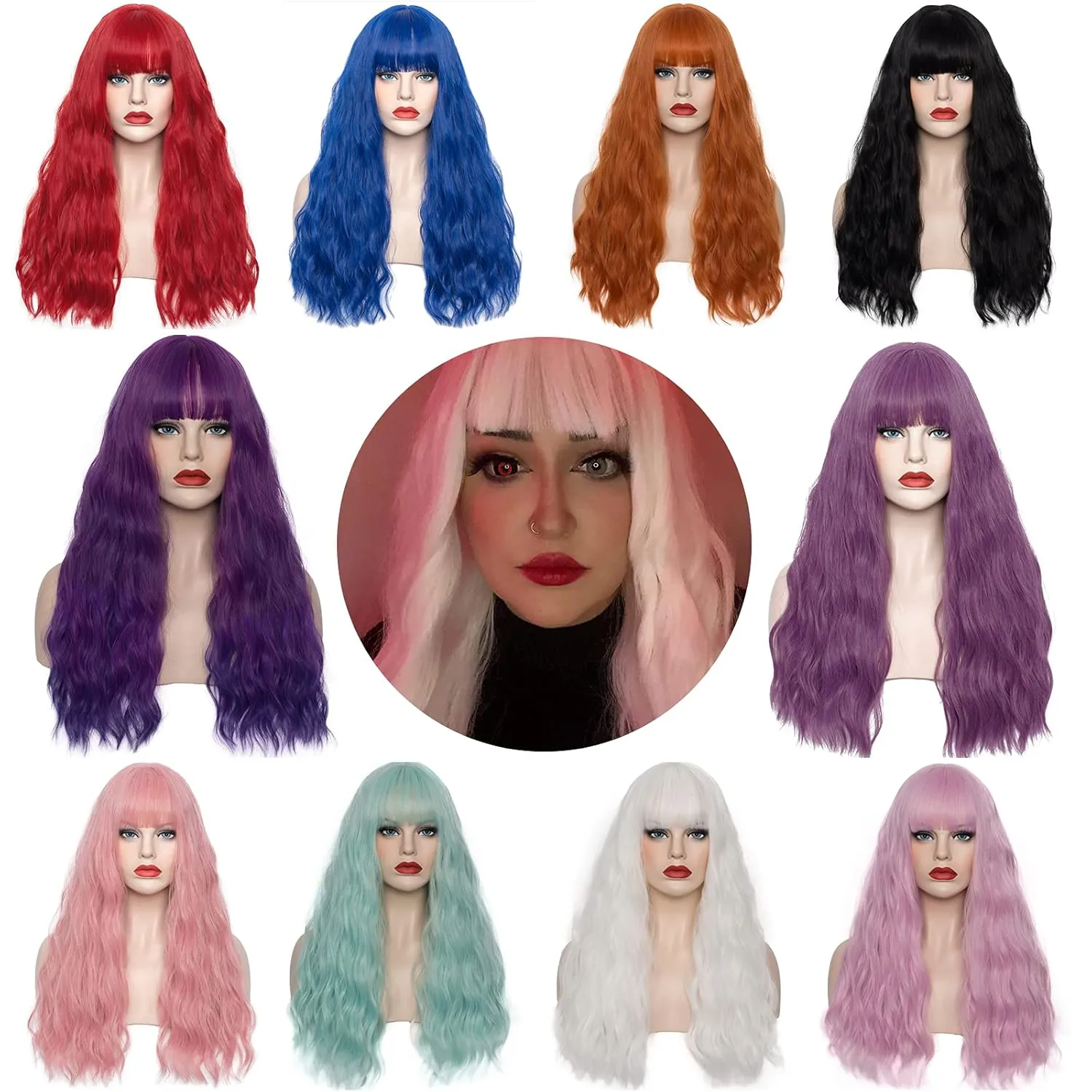 Women's Taro Purple Wig 22''Long Curly Wavy Wig Shoulder Length Flat Bangs Wig For Women Girl Cosplay Party Halloween Wig Cap Included (22''Taro Purple)