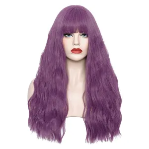 Women's Taro Purple Wig 22''Long Curly Wavy Wig Shoulder Length Flat Bangs Wig For Women Girl Cosplay Party Halloween Wig Cap Included (22''Taro Purple)