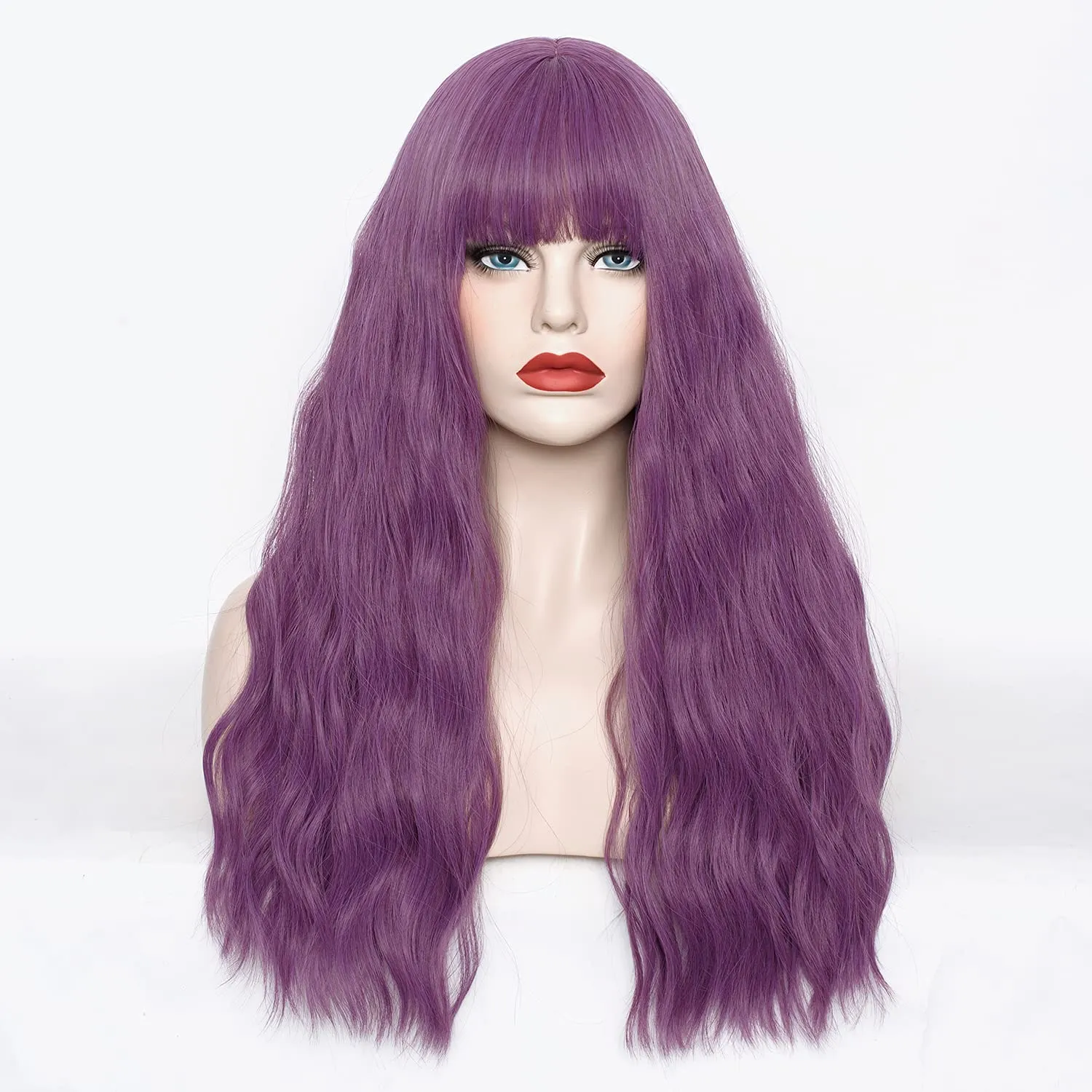 Women's Taro Purple Wig 22''Long Curly Wavy Wig Shoulder Length Flat Bangs Wig For Women Girl Cosplay Party Halloween Wig Cap Included (22''Taro Purple)