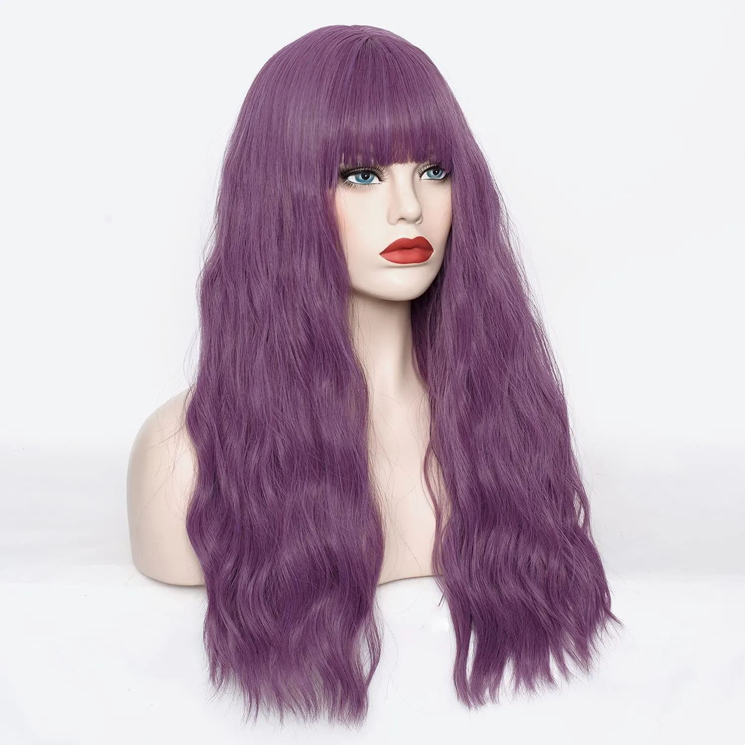 Women's Taro Purple Wig 22''Long Curly Wavy Wig Shoulder Length Flat Bangs Wig For Women Girl Cosplay Party Halloween Wig Cap Included (22''Taro Purple)