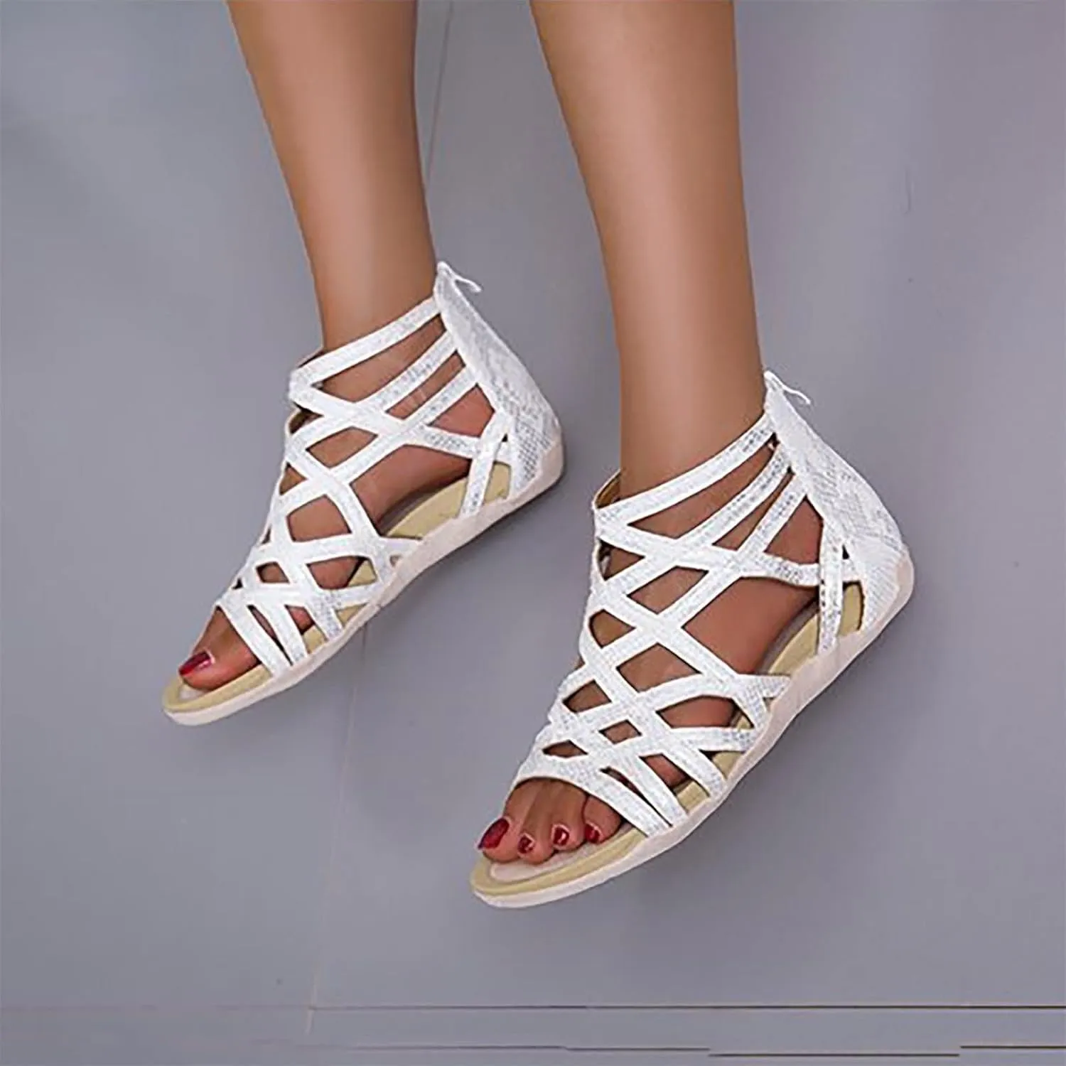 Women’s Vintage Suede Sandals Strappy Hollow Out Flats Summer Beach Sandal Shoes with Zip Back for Comfort Walking