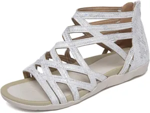 Women’s Vintage Suede Sandals Strappy Hollow Out Flats Summer Beach Sandal Shoes with Zip Back for Comfort Walking