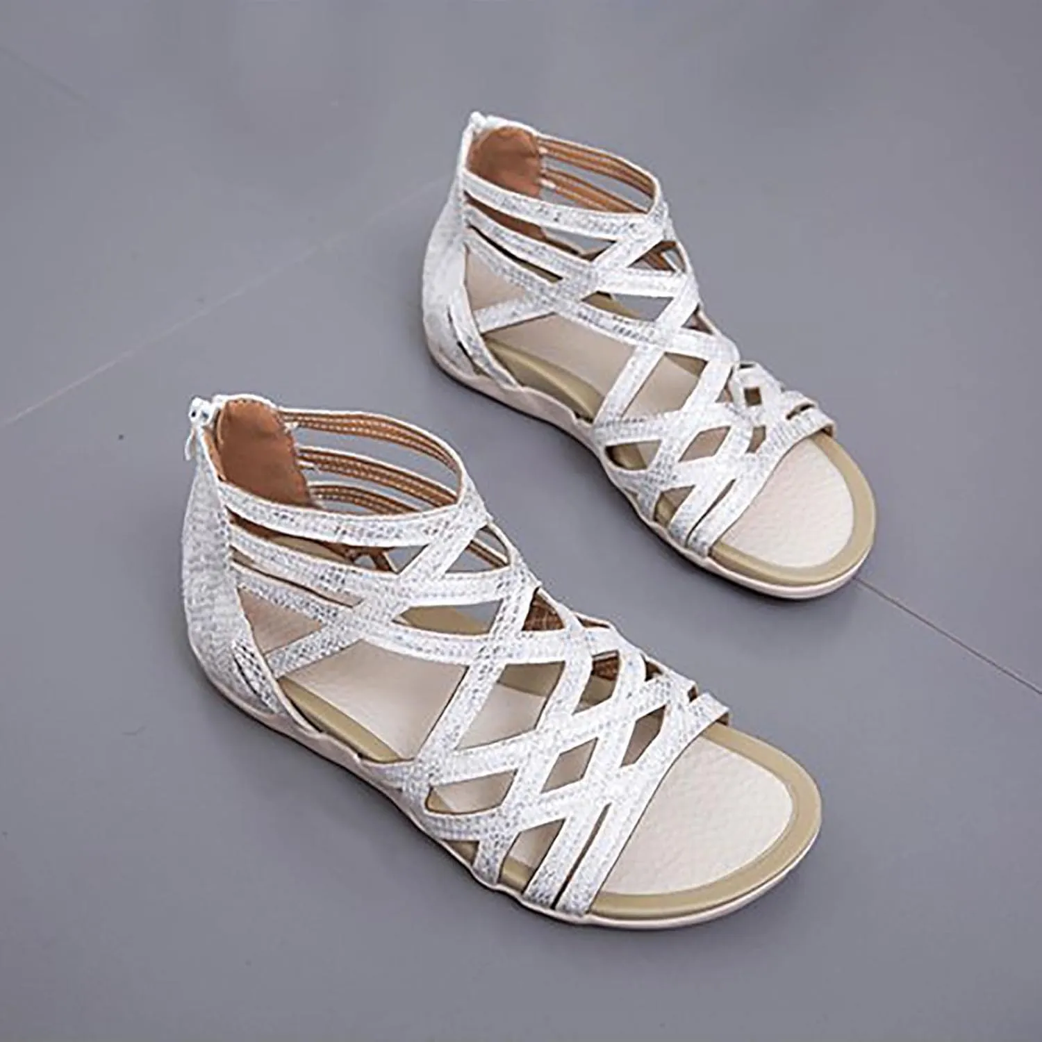 Women’s Vintage Suede Sandals Strappy Hollow Out Flats Summer Beach Sandal Shoes with Zip Back for Comfort Walking
