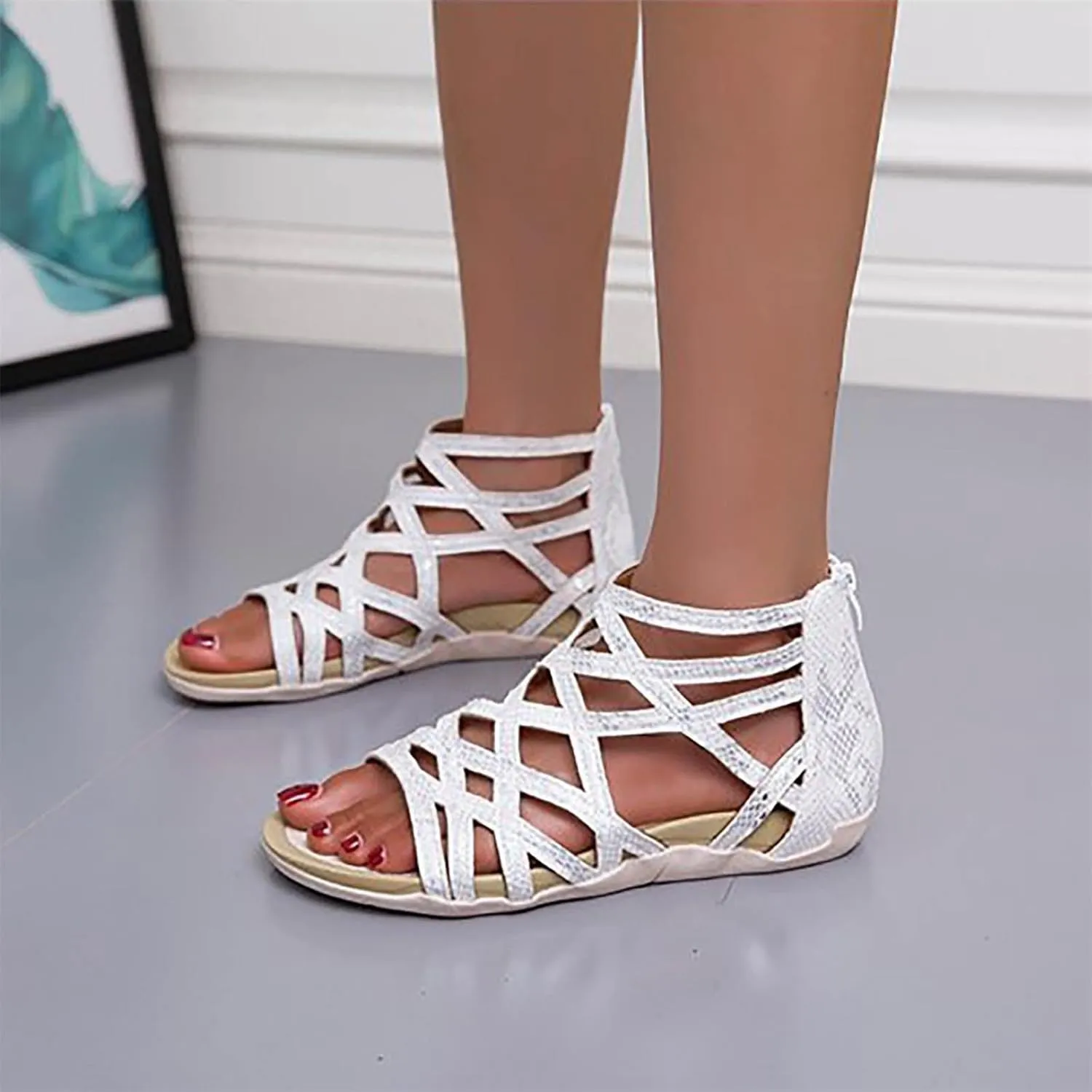 Women’s Vintage Suede Sandals Strappy Hollow Out Flats Summer Beach Sandal Shoes with Zip Back for Comfort Walking
