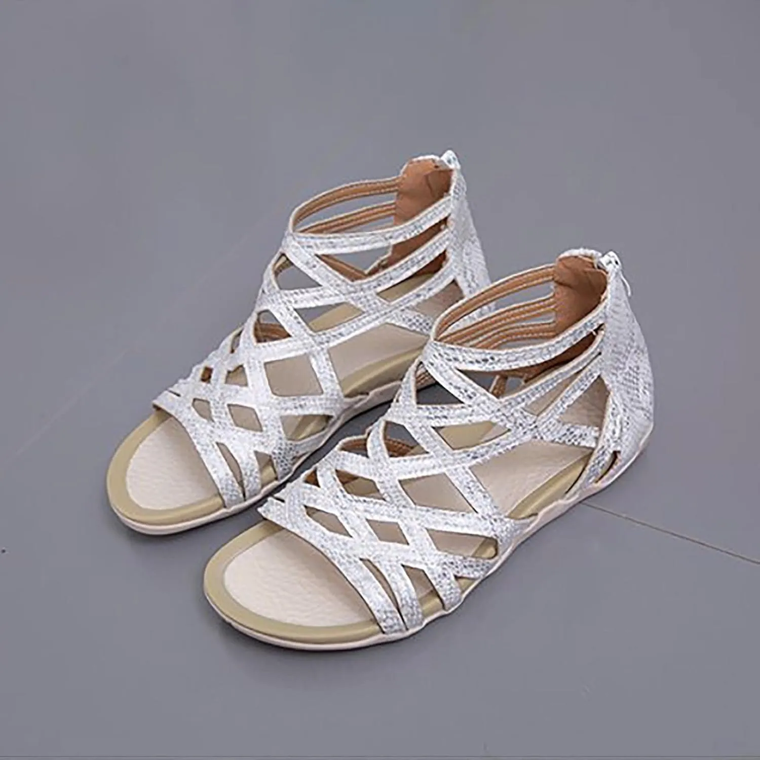 Women’s Vintage Suede Sandals Strappy Hollow Out Flats Summer Beach Sandal Shoes with Zip Back for Comfort Walking