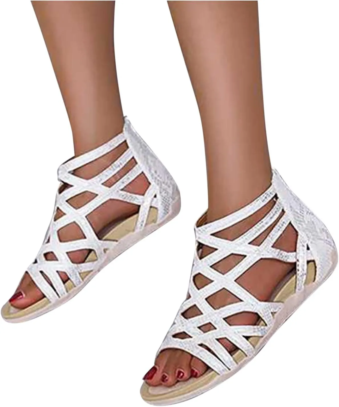 Women’s Vintage Suede Sandals Strappy Hollow Out Flats Summer Beach Sandal Shoes with Zip Back for Comfort Walking