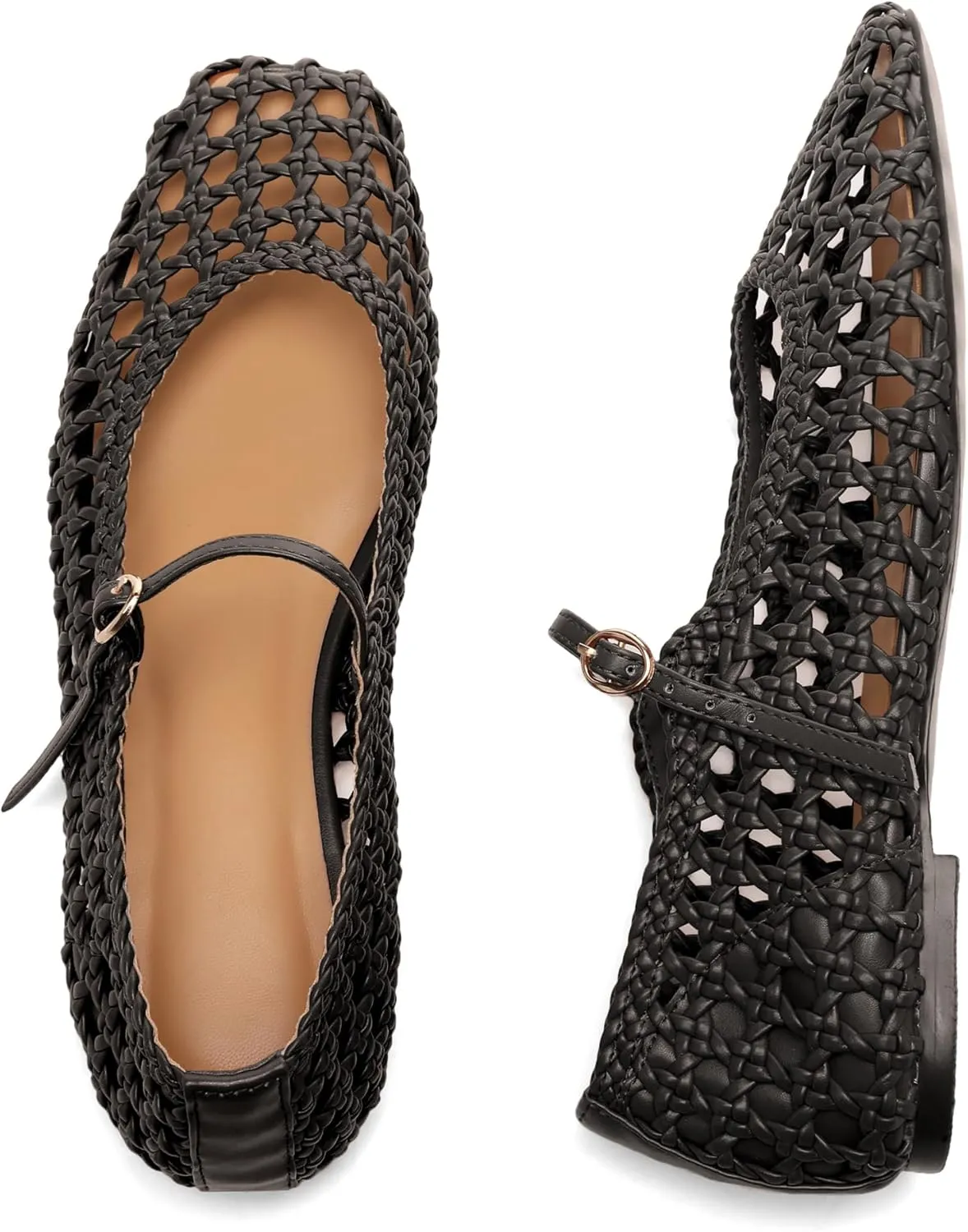 Woven Mesh Ballet Flats for Women with Metal Buckle Strap Ballerina Flat Shoes Comfortable Round Toe Mary Jane Flat.