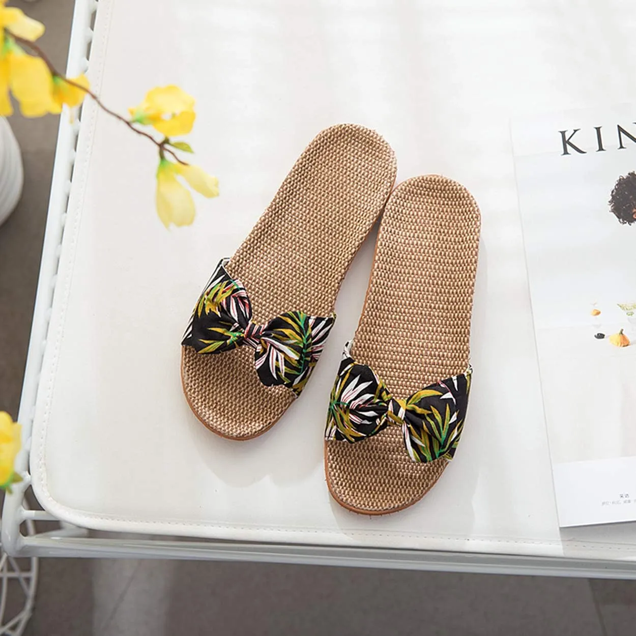 xsby Womens Cozy Indoor Cotton Flax Home Slippers Non-Slip Casual Sandals