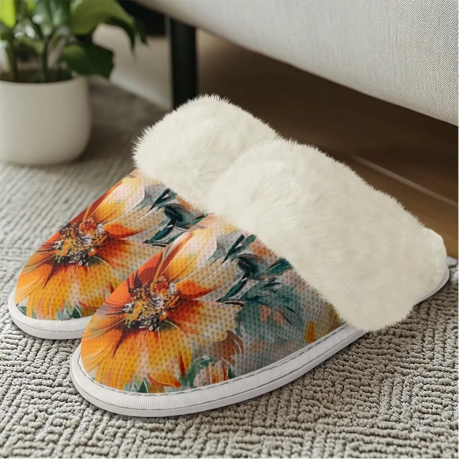 YEXIATODO Fuzzy Slippers Women Men Indoor and Outdoor House Shoes Memory Foam Slippers with Fur Edges