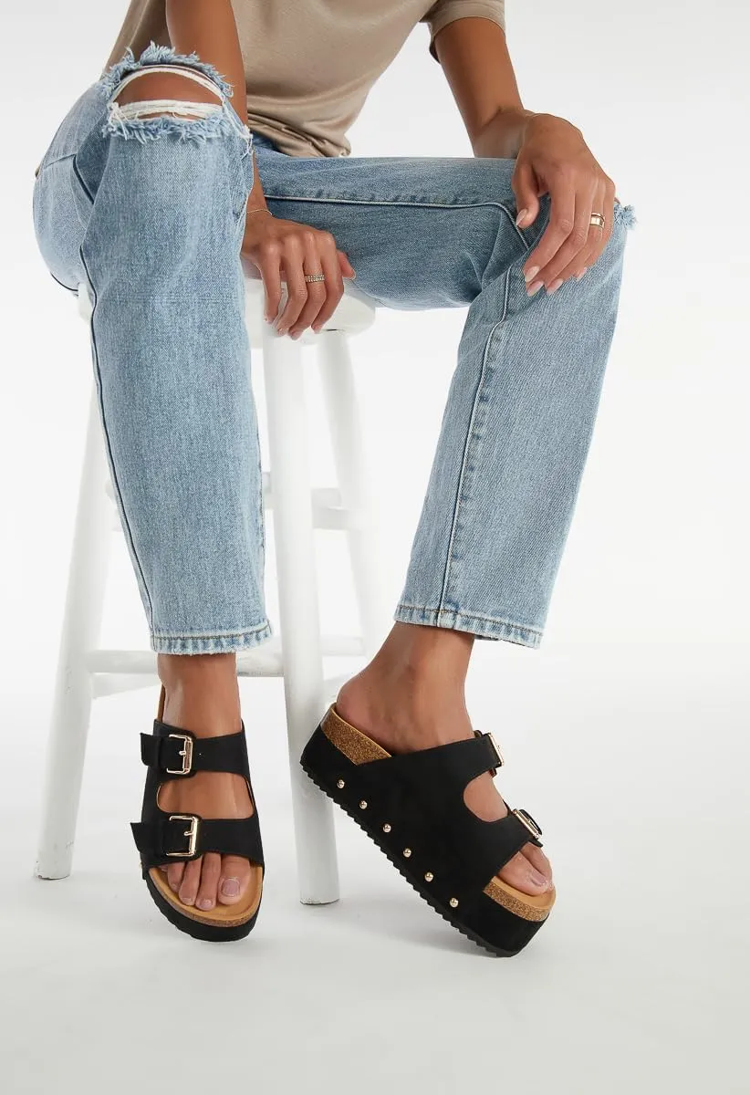 Yishaweiqi Women's Suede Platform Sandals Comfortable Cork Footbed Studded Flatform Sandals Adjustable Buckle Straps Flat Clogs Slide Sandals
