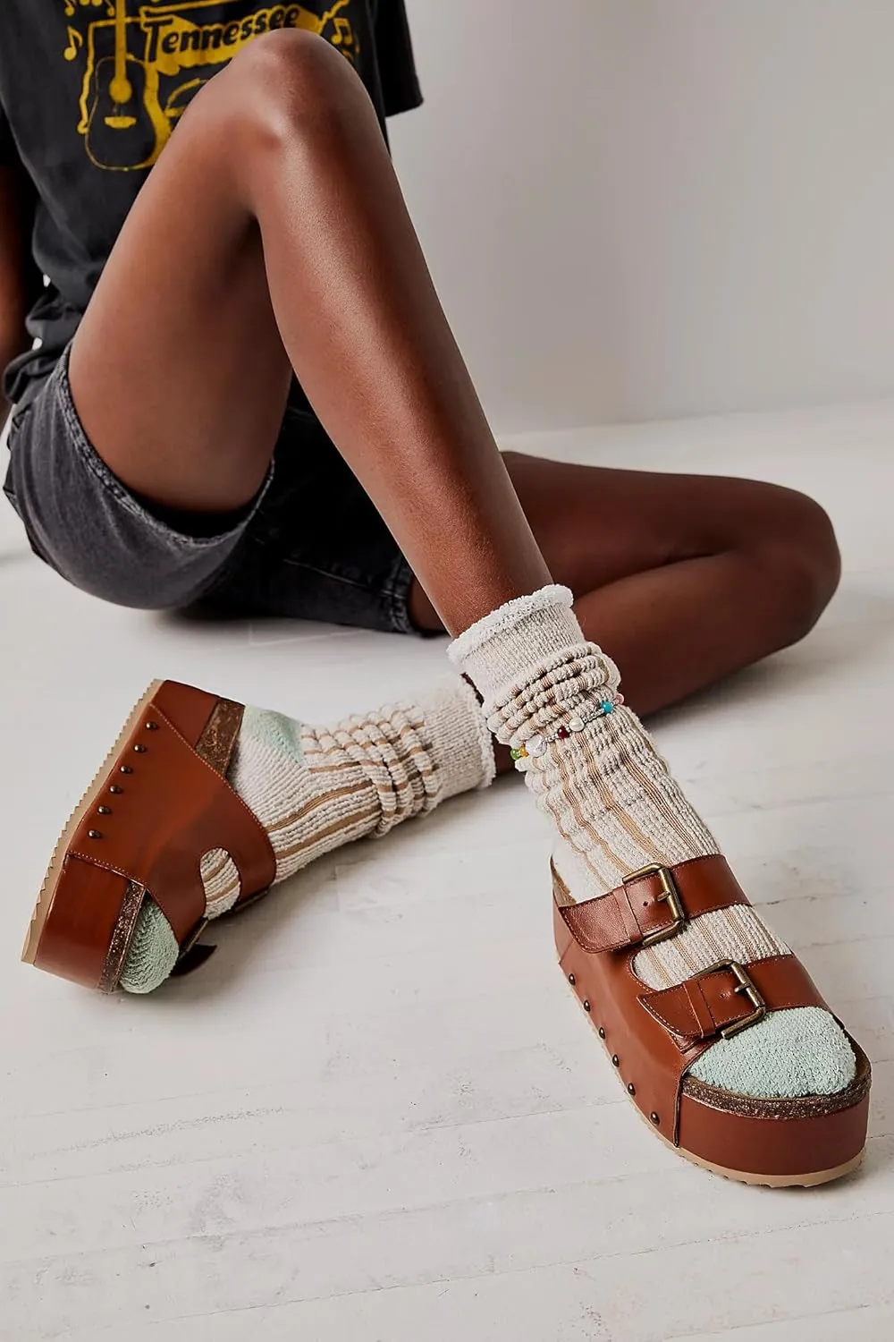 Yishaweiqi Women's Suede Platform Sandals Comfortable Cork Footbed Studded Flatform Sandals Adjustable Buckle Straps Flat Clogs Slide Sandals