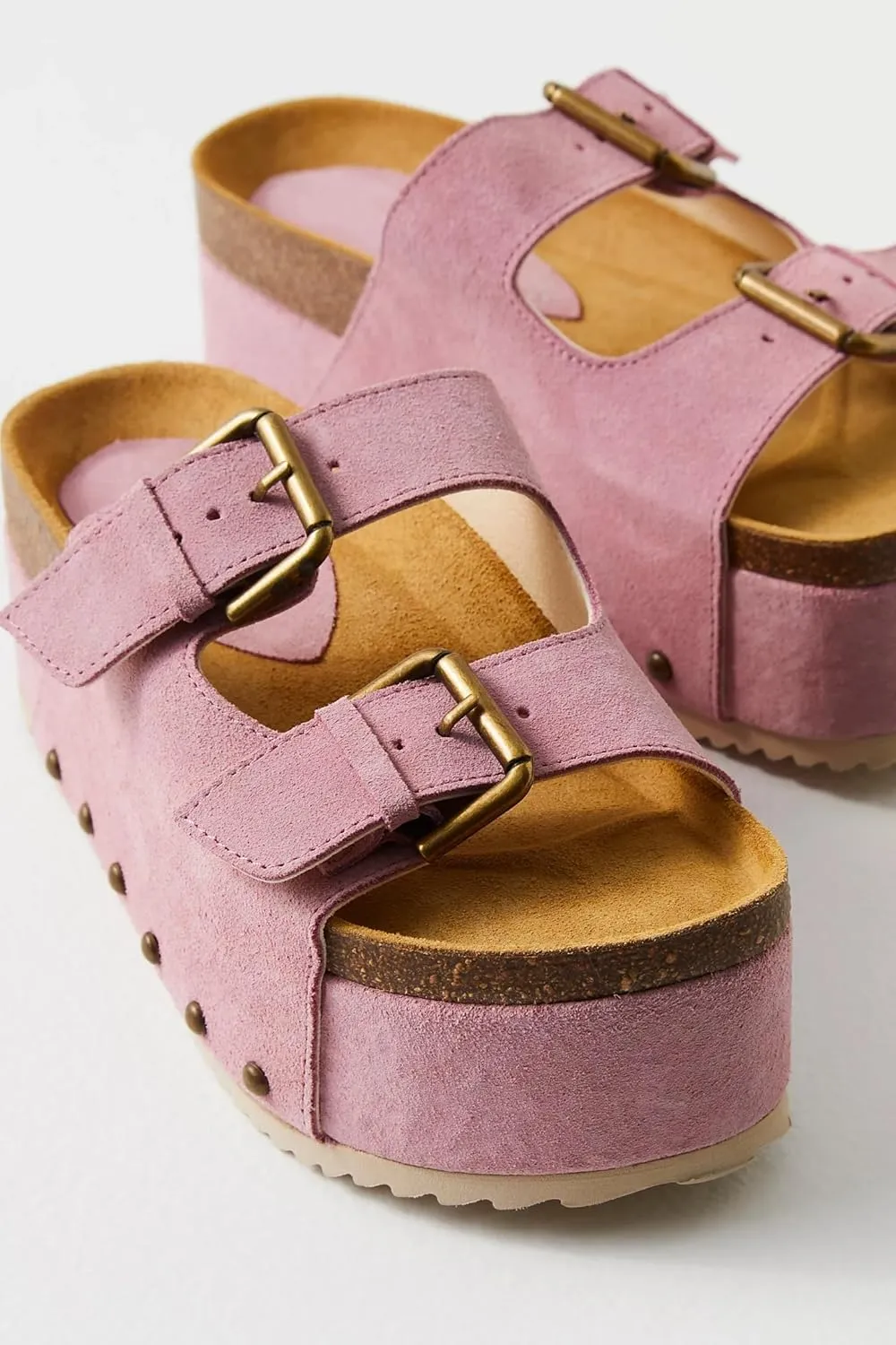 Yishaweiqi Women's Suede Platform Sandals Comfortable Cork Footbed Studded Flatform Sandals Adjustable Buckle Straps Flat Clogs Slide Sandals