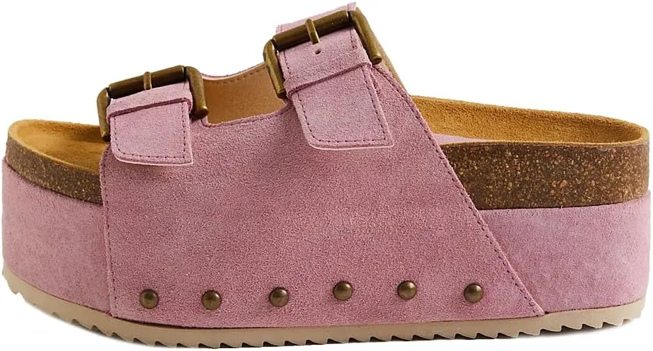 Yishaweiqi Women's Suede Platform Sandals Comfortable Cork Footbed Studded Flatform Sandals Adjustable Buckle Straps Flat Clogs Slide Sandals