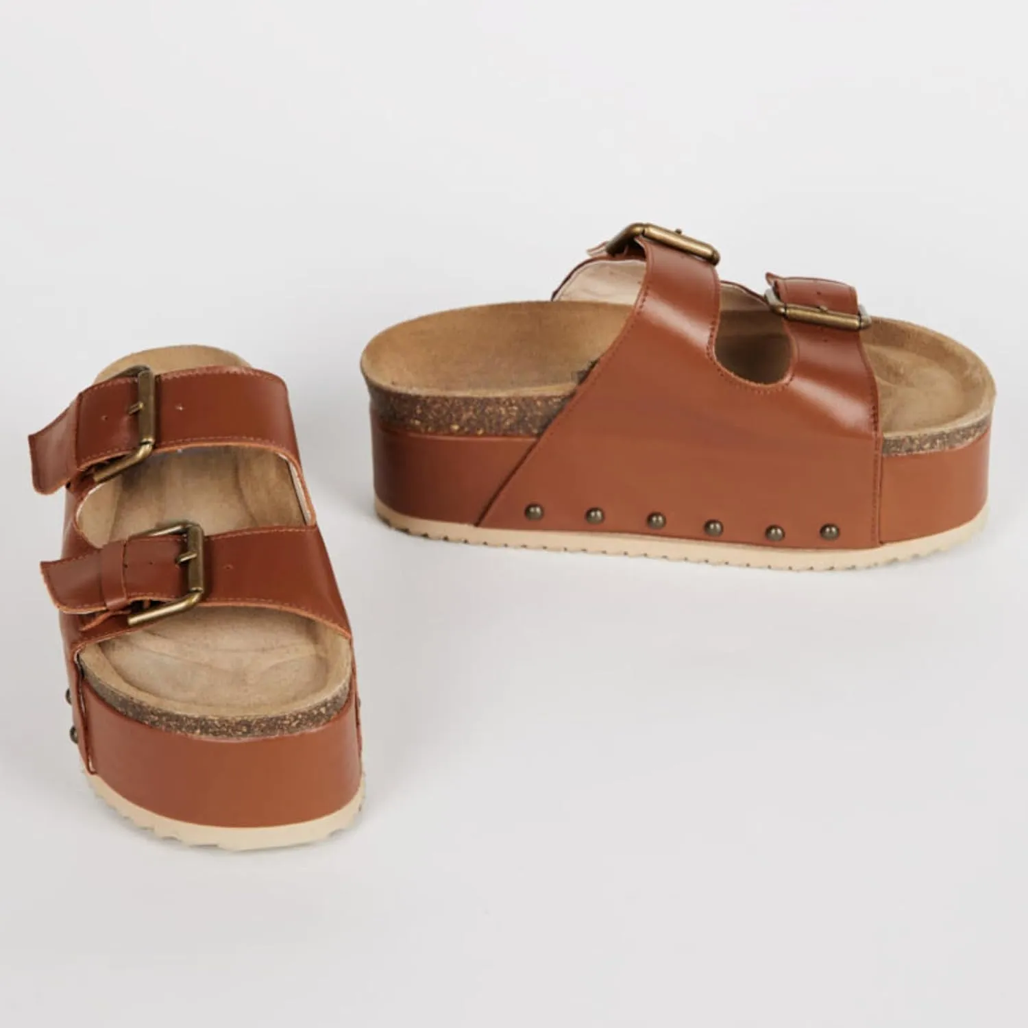 Yishaweiqi Women's Suede Platform Sandals Comfortable Cork Footbed Studded Flatform Sandals Adjustable Buckle Straps Flat Clogs Slide Sandals