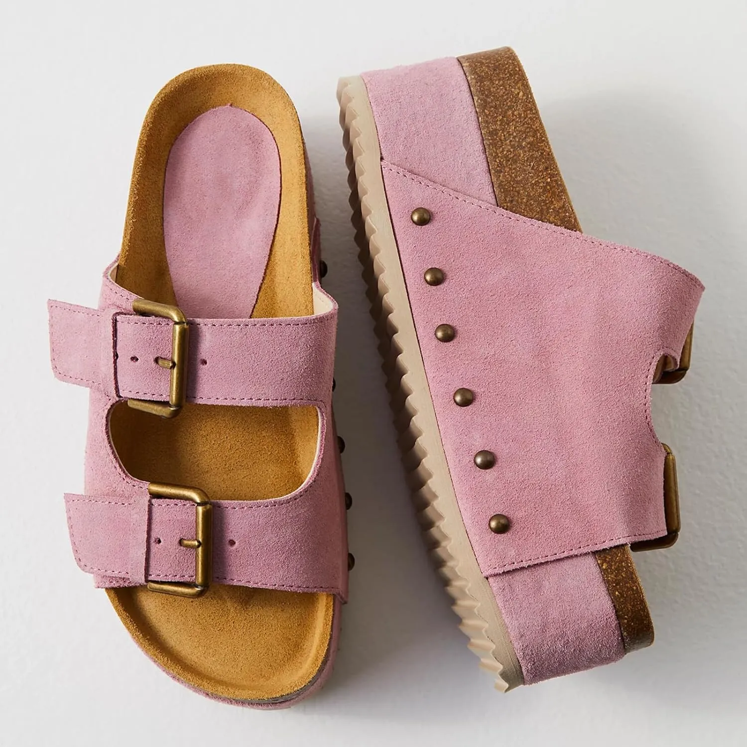 Yishaweiqi Women's Suede Platform Sandals Comfortable Cork Footbed Studded Flatform Sandals Adjustable Buckle Straps Flat Clogs Slide Sandals