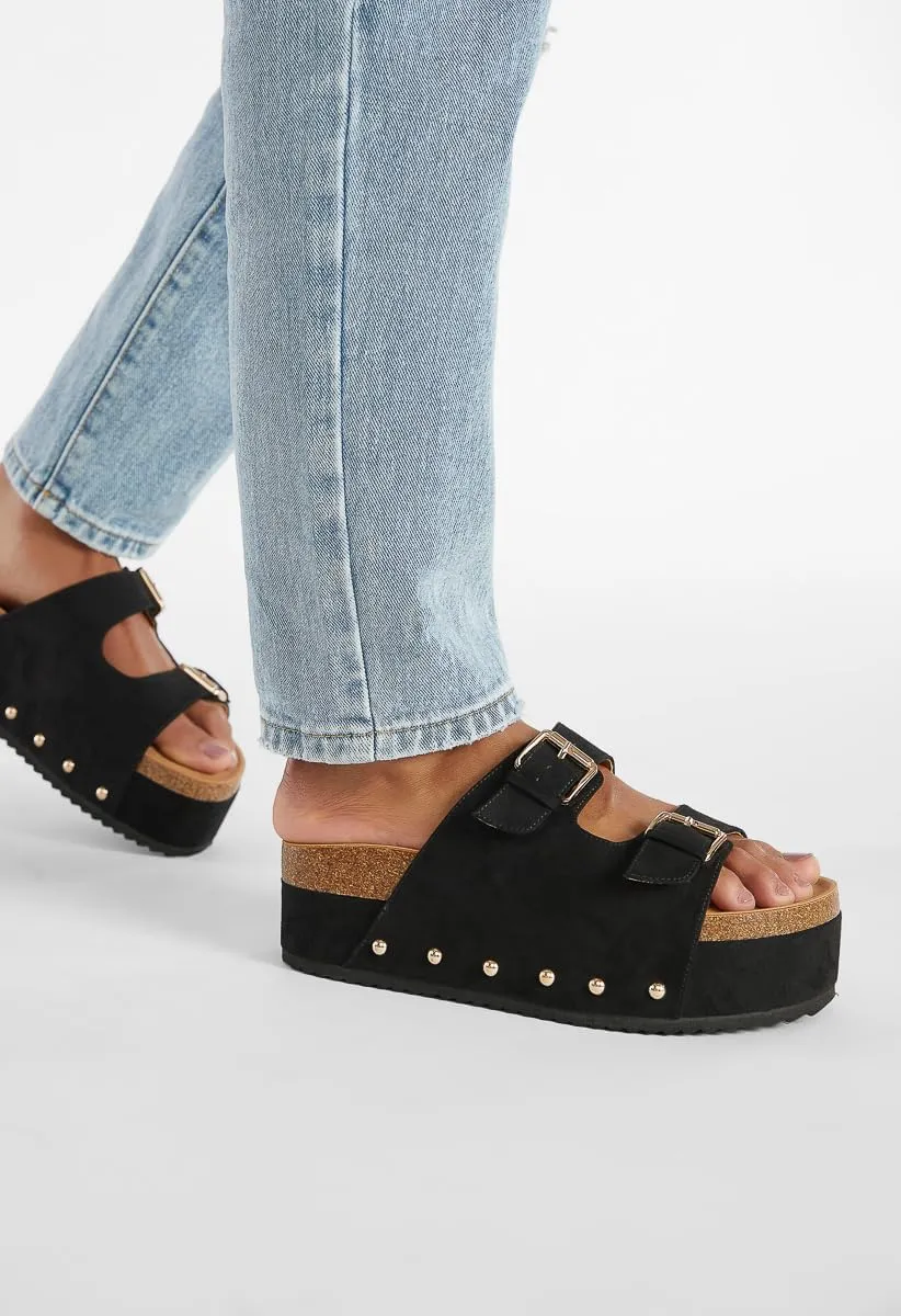 Yishaweiqi Women's Suede Platform Sandals Comfortable Cork Footbed Studded Flatform Sandals Adjustable Buckle Straps Flat Clogs Slide Sandals