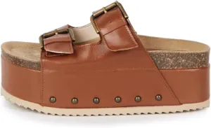 Yishaweiqi Women's Suede Platform Sandals Comfortable Cork Footbed Studded Flatform Sandals Adjustable Buckle Straps Flat Clogs Slide Sandals