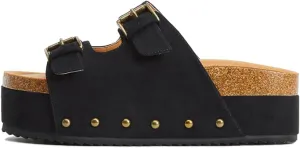 Yishaweiqi Women's Suede Platform Sandals Comfortable Cork Footbed Studded Flatform Sandals Adjustable Buckle Straps Flat Clogs Slide Sandals