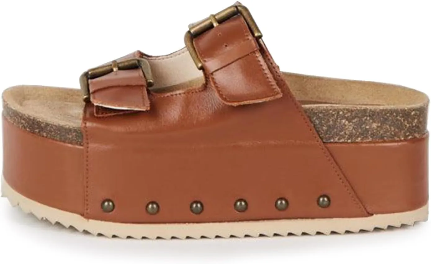 Yishaweiqi Women's Suede Platform Sandals Comfortable Cork Footbed Studded Flatform Sandals Adjustable Buckle Straps Flat Clogs Slide Sandals