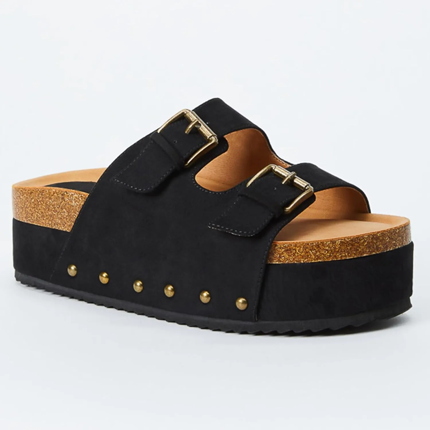 Yishaweiqi Women's Suede Platform Sandals Comfortable Cork Footbed Studded Flatform Sandals Adjustable Buckle Straps Flat Clogs Slide Sandals