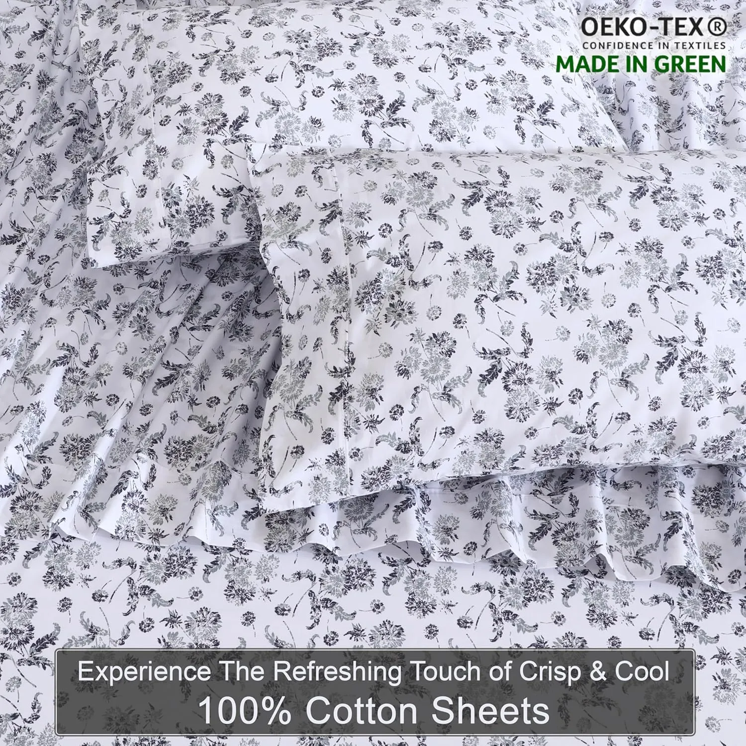 ZOYER 100% Cotton Sheets - Cooling & Crisp Queen Size Percale Sheets, 16" Deep Pockets Bed Set, Lightweight & Breathable, Durable, 4 Pieces, Frozen Garden