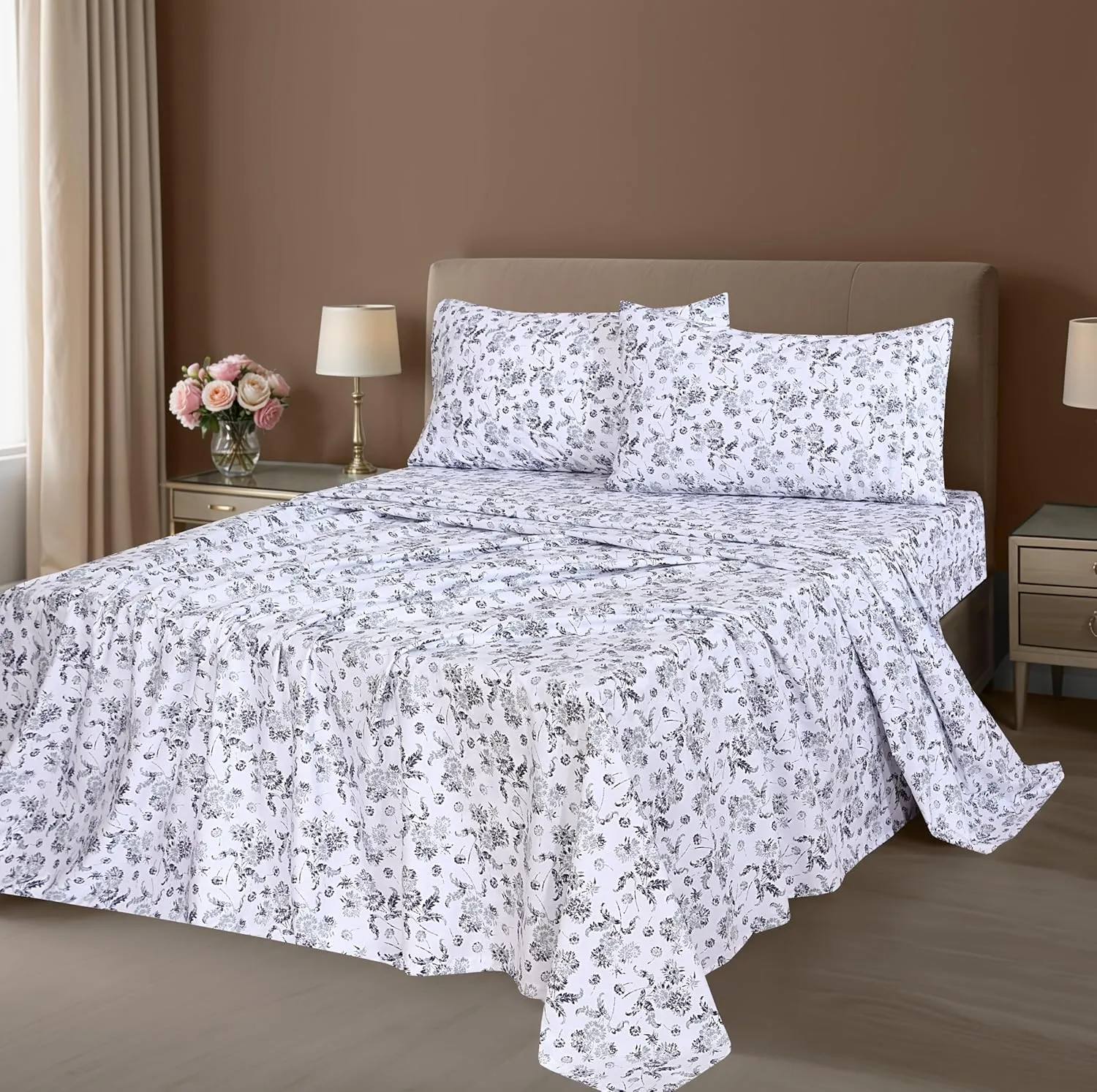 ZOYER 100% Cotton Sheets - Cooling & Crisp Queen Size Percale Sheets, 16" Deep Pockets Bed Set, Lightweight & Breathable, Durable, 4 Pieces, Frozen Garden