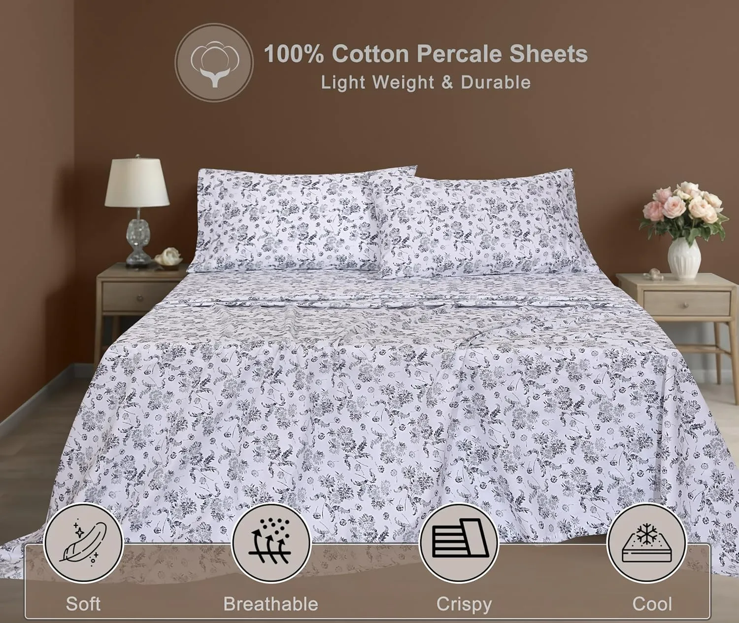 ZOYER 100% Cotton Sheets - Cooling & Crisp Queen Size Percale Sheets, 16" Deep Pockets Bed Set, Lightweight & Breathable, Durable, 4 Pieces, Frozen Garden
