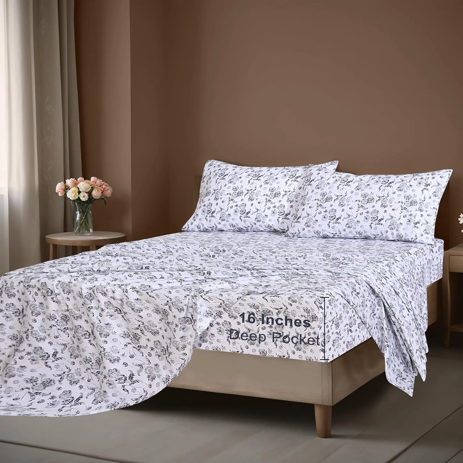 ZOYER 100% Cotton Sheets - Cooling & Crisp Queen Size Percale Sheets, 16" Deep Pockets Bed Set, Lightweight & Breathable, Durable, 4 Pieces, Frozen Garden
