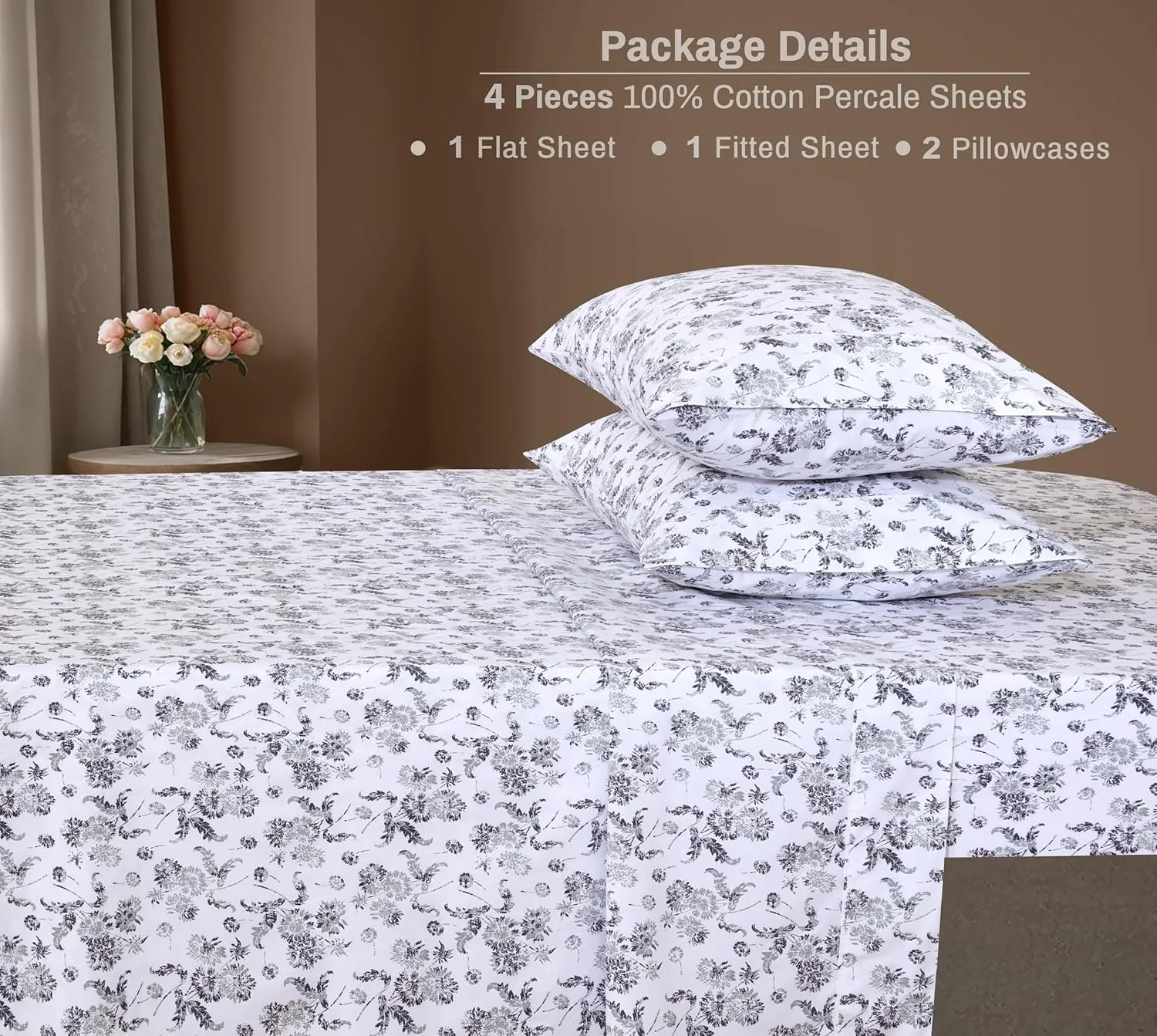 ZOYER 100% Cotton Sheets - Cooling & Crisp Queen Size Percale Sheets, 16" Deep Pockets Bed Set, Lightweight & Breathable, Durable, 4 Pieces, Frozen Garden