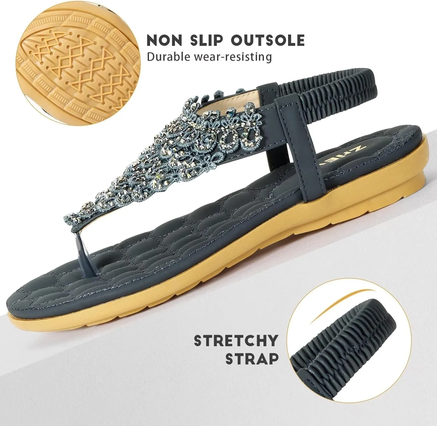 ZriEy Women's Open Toe Flat Sandals Dress Summer Sandals Non Slip Beach Sandal Shoes Elastic Ankle Strap Cute Comfortable Bohemia Flat Heel for Women