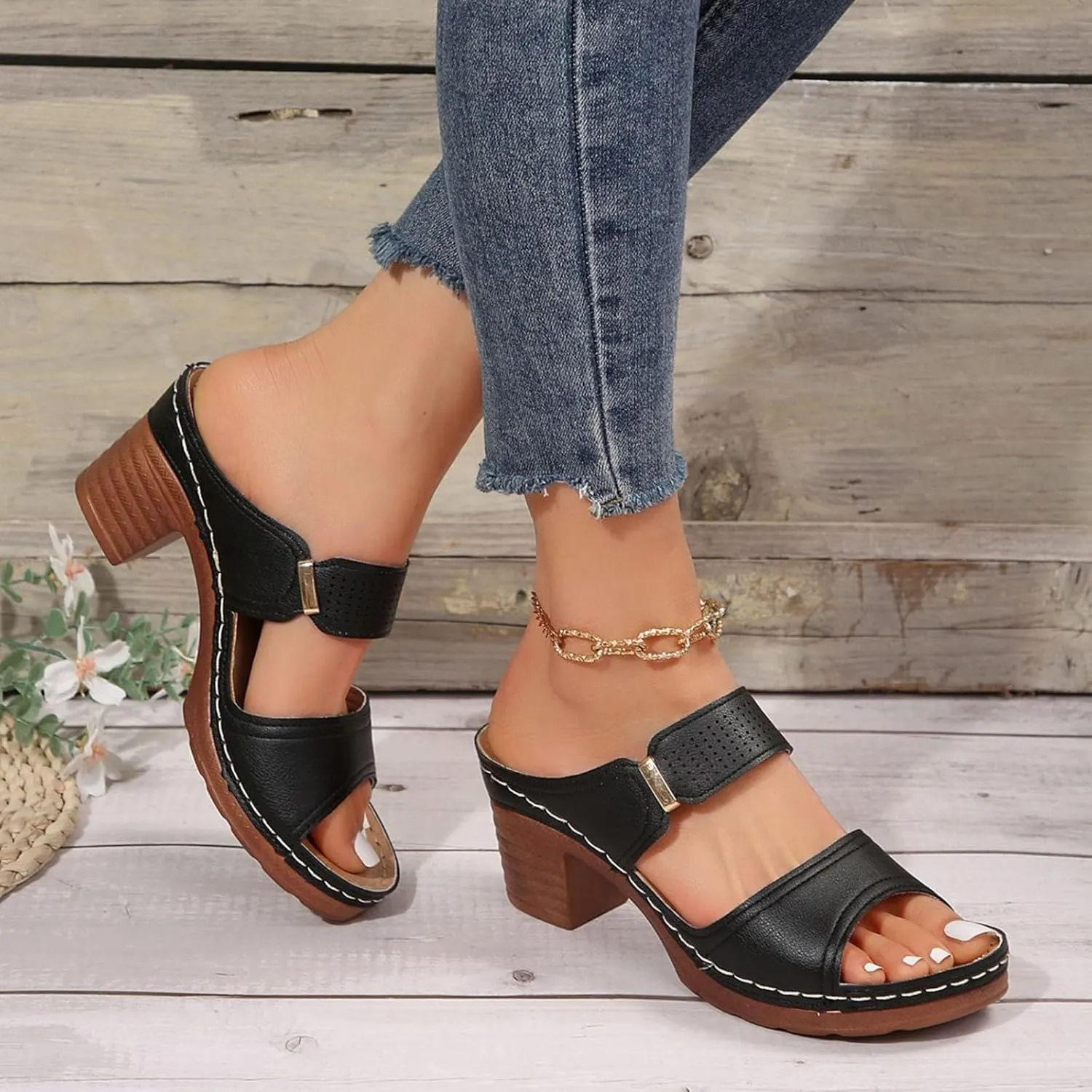 ZSpzx Summer Sandals For Women 2025,Women's Heeled Open Toe Heels Backless Mules Slip On Block Womens Mid Ankle Sandal Comfortable Casual Slippers Low Chunky Heel Strap Walking Shoes for Daily Wear