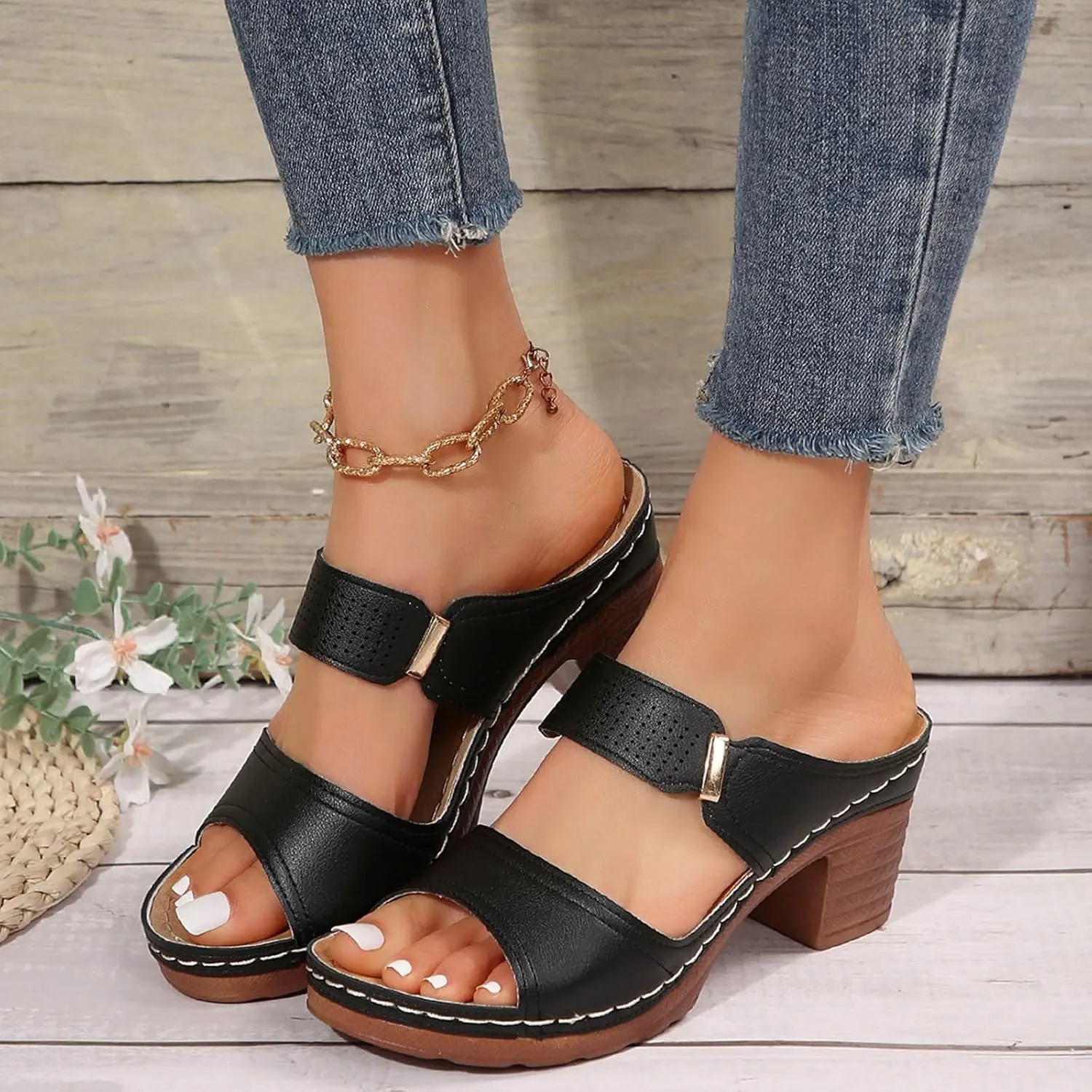 ZSpzx Summer Sandals For Women 2025,Women's Heeled Open Toe Heels Backless Mules Slip On Block Womens Mid Ankle Sandal Comfortable Casual Slippers Low Chunky Heel Strap Walking Shoes for Daily Wear