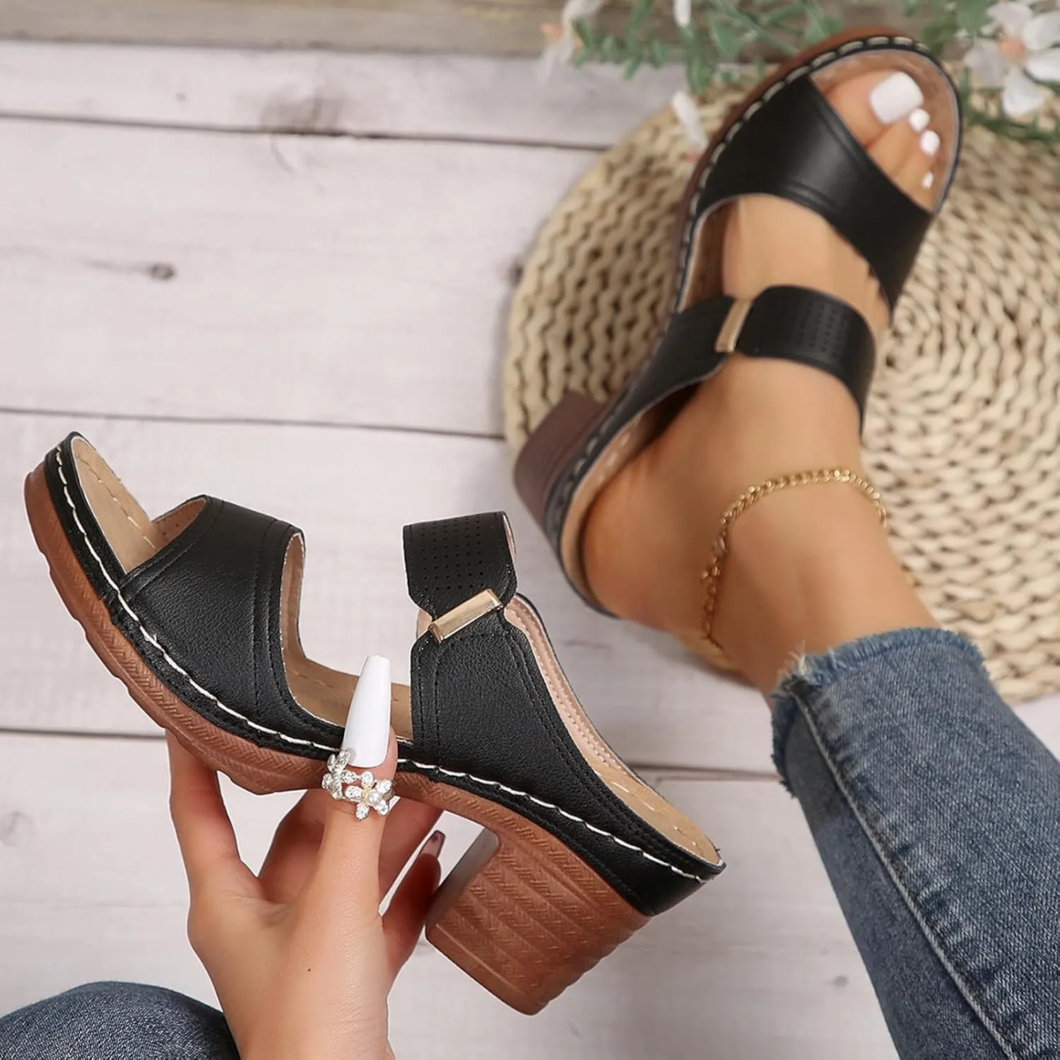 ZSpzx Summer Sandals For Women 2025,Women's Heeled Open Toe Heels Backless Mules Slip On Block Womens Mid Ankle Sandal Comfortable Casual Slippers Low Chunky Heel Strap Walking Shoes for Daily Wear