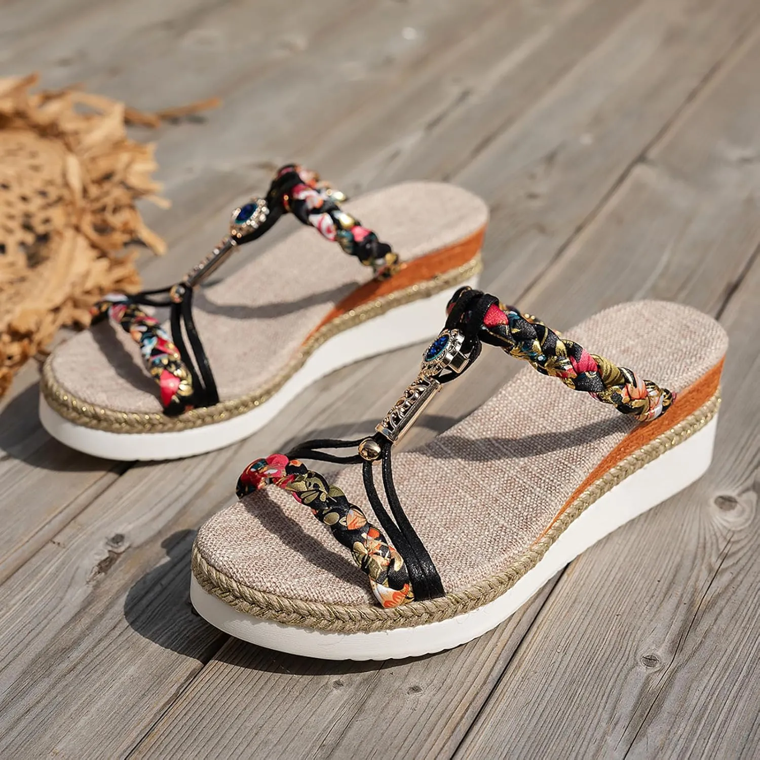 ZSpzx Women Wedge Sandals 2025,Summer Boho Indoor/Outdoor Daily Wear Soft Cushion Slides Ladies Dress Breathable Comfortable Elastic Ankle Strap Casual Shoe Arch Support Summer Dressy Wedding Shoes