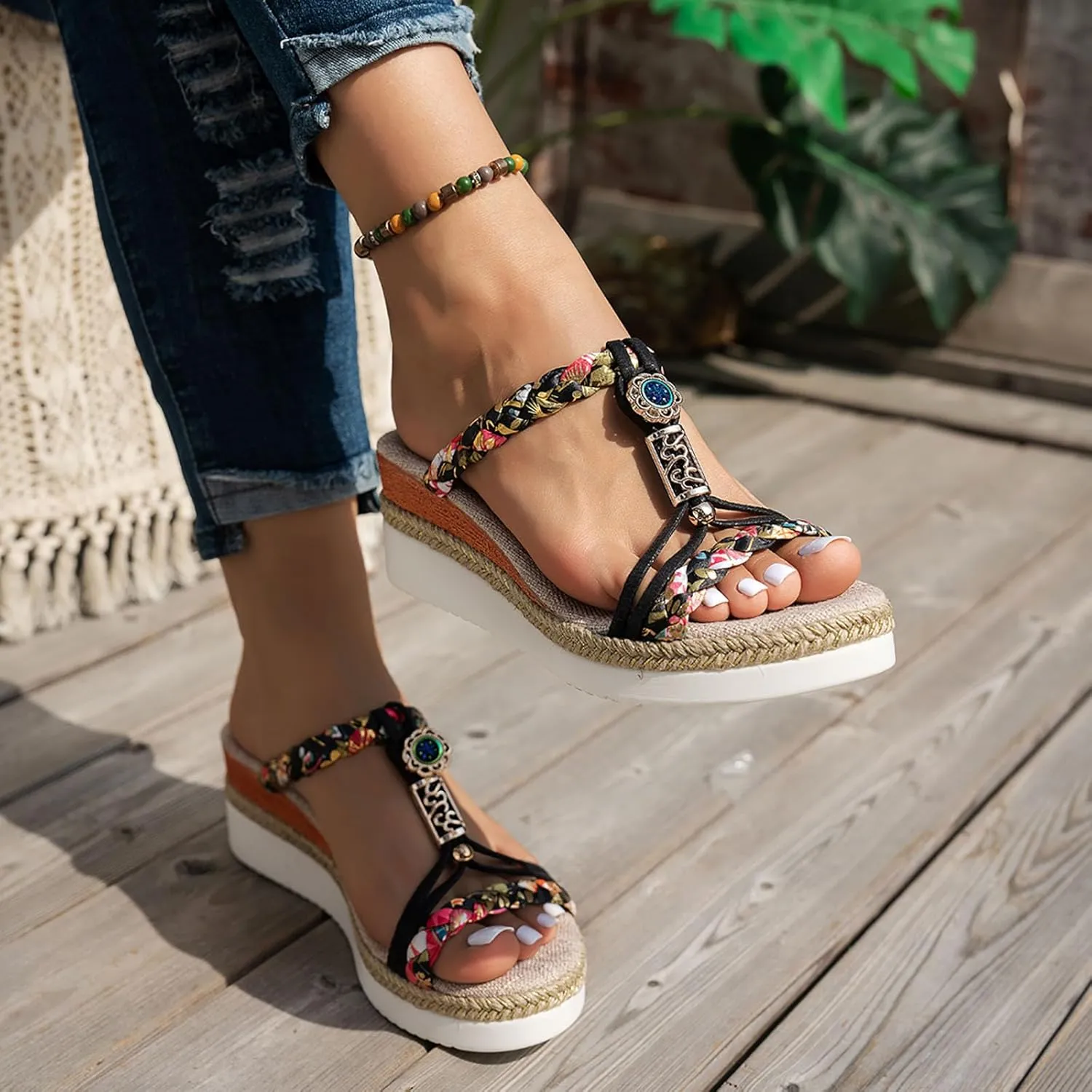ZSpzx Women Wedge Sandals 2025,Summer Boho Indoor/Outdoor Daily Wear Soft Cushion Slides Ladies Dress Breathable Comfortable Elastic Ankle Strap Casual Shoe Arch Support Summer Dressy Wedding Shoes