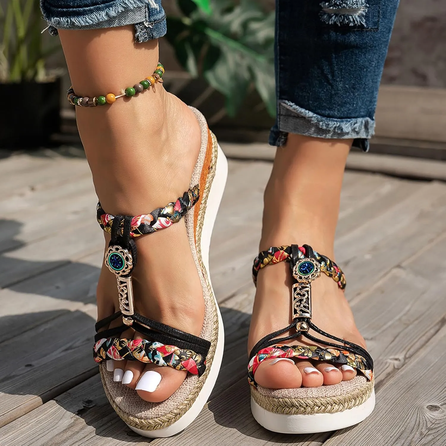 ZSpzx Women Wedge Sandals 2025,Summer Boho Indoor/Outdoor Daily Wear Soft Cushion Slides Ladies Dress Breathable Comfortable Elastic Ankle Strap Casual Shoe Arch Support Summer Dressy Wedding Shoes