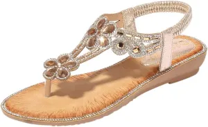 ZSpzx Womens Flat Sandals Flower Low Heel Dressy Elastic Ankle Strap Rhinestone Summer Comfortable Shoe Thong Flip Flops Strappy String T-Strap Crystal Flowers Sparkly Beach Glitter Slides Boho Shoes