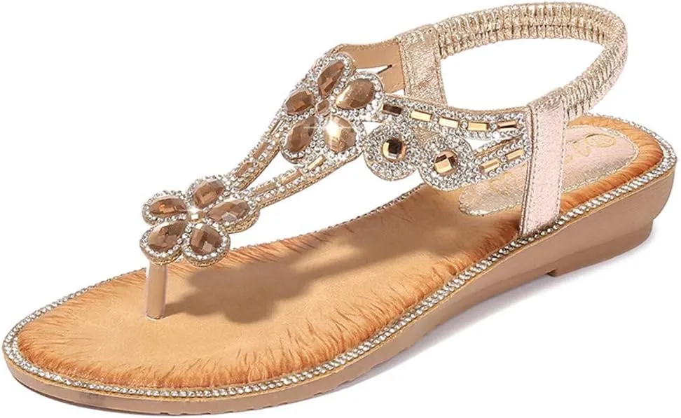 ZSpzx Womens Flat Sandals Flower Low Heel Dressy Elastic Ankle Strap Rhinestone Summer Comfortable Shoe Thong Flip Flops Strappy String T-Strap Crystal Flowers Sparkly Beach Glitter Slides Boho Shoes
