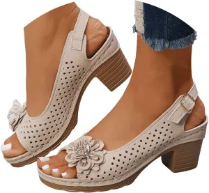 ZSpzx Womens Open Toe Chunky Heel Ankle Strap Shoes Block Mid Hollow Out Slingback Sandals Comfort Dressy Fish Mouth Heels Straps Flowers Comfortable Sandal Summer Low Adjustable Walking Sandals