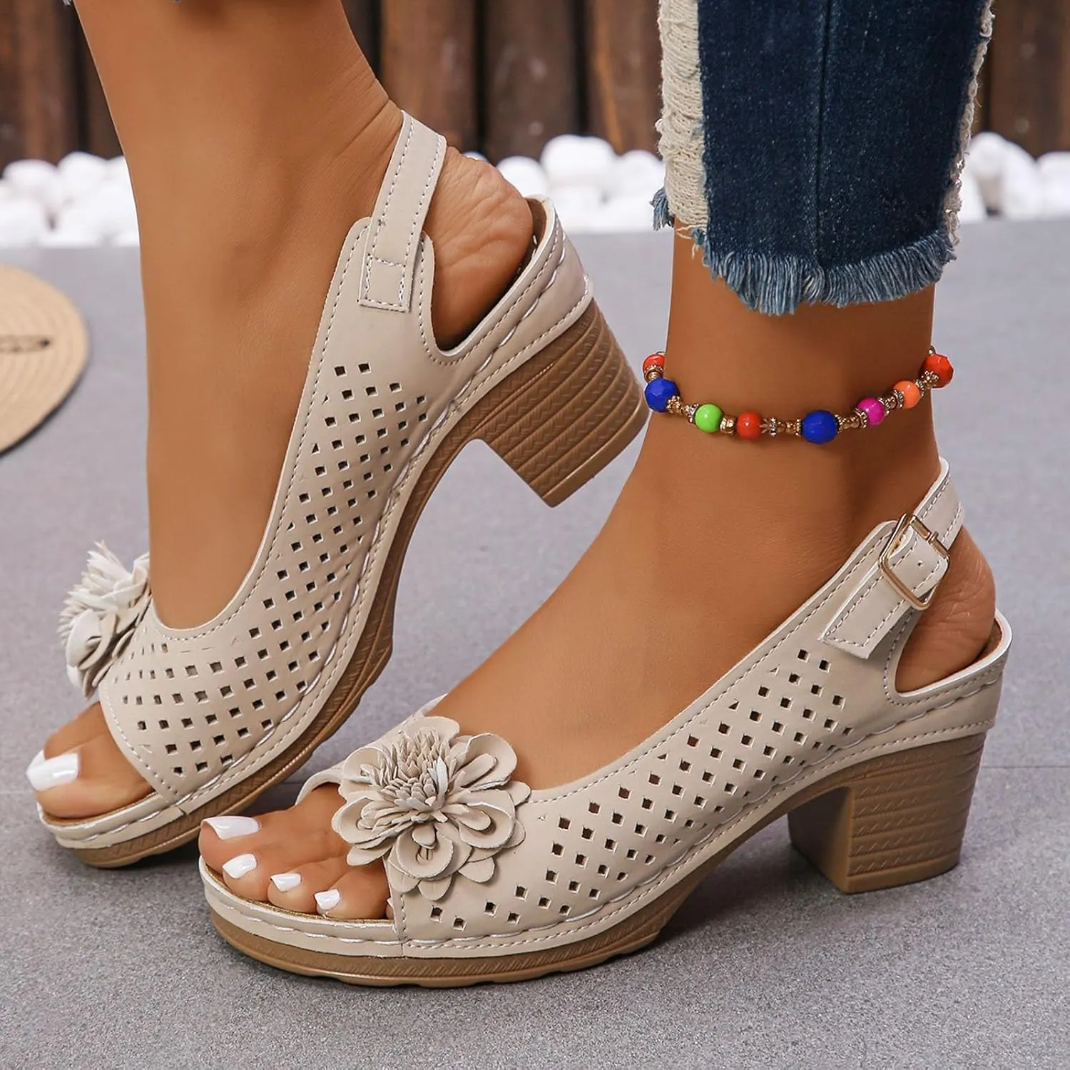 ZSpzx Womens Open Toe Chunky Heel Ankle Strap Shoes Block Mid Hollow Out Slingback Sandals Comfort Dressy Fish Mouth Heels Straps Flowers Comfortable Sandal Summer Low Adjustable Walking Sandals