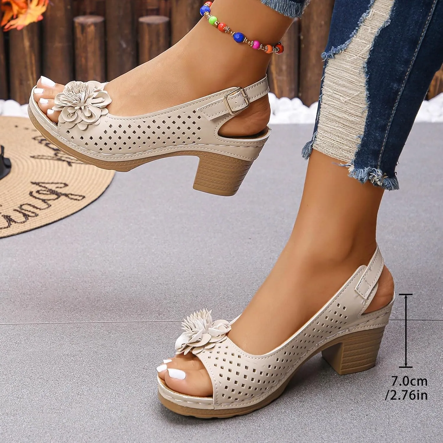 ZSpzx Womens Open Toe Chunky Heel Ankle Strap Shoes Block Mid Hollow Out Slingback Sandals Comfort Dressy Fish Mouth Heels Straps Flowers Comfortable Sandal Summer Low Adjustable Walking Sandals